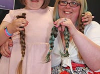 Mother and daughter Sam and Angel Stephens from Callington have hair cut off for Little Princess Trust