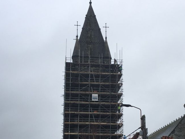 The catholic church in Tavistock is covered in scaffolding. Police are warning youngsters not to climb the structure