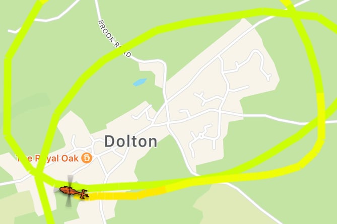 The Devon Air Ambulance circled the village of Dolton for some time before landing as pictured.  Image: flightrader24
