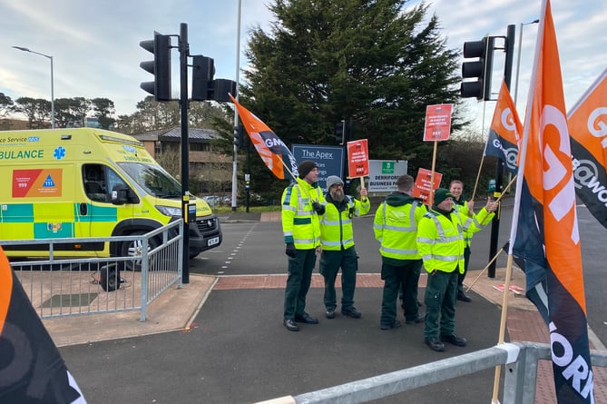Ambulance workers on the picket line today at Derriford Hospital