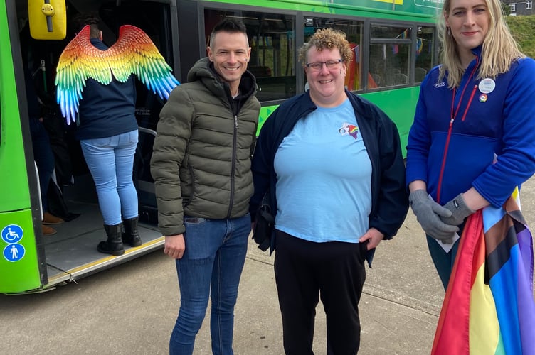 Matthew Kenworthy Gomes and Annie Kenton from Cornwall Pride and Callignton Tesco Community Champion Juliet Williams
