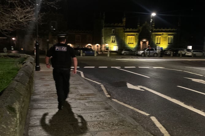 Police patrolling in  Tavistock town centre on Friday night