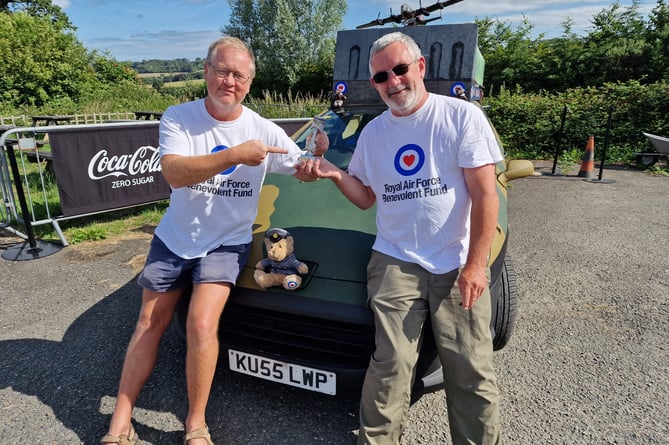 Clive Pattison of Grenofen near Tavistock, left, and teammate Ewan Miller with their Wacky Green Air Force car, which finished third in the Wacky Rally 