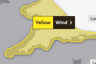 The area covered by the Yellow Warning for Saturday.
Image Met Office (3-8-23)