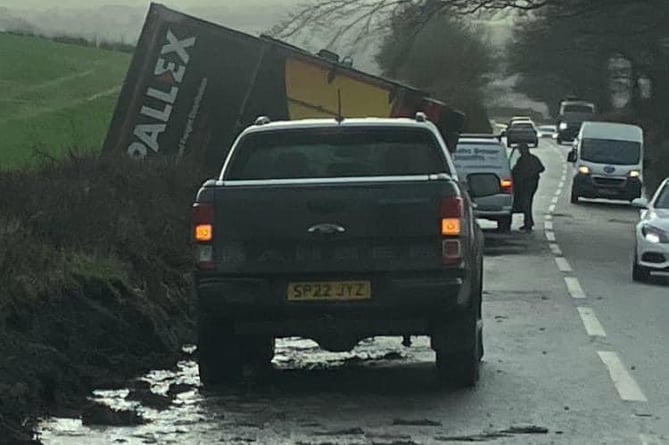 Lorry blown over into hedge on A388 near Callington