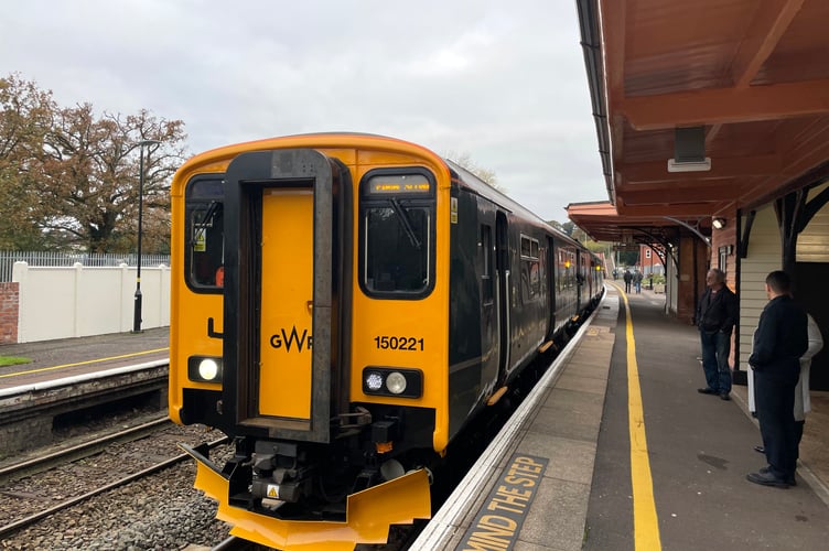 A train at Crediton Railway Station. AQ 9067
