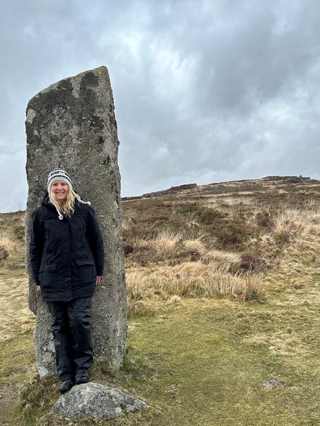 Museum of Dartmoor Life and Kristy Turner at a Dartmoor Menhir.