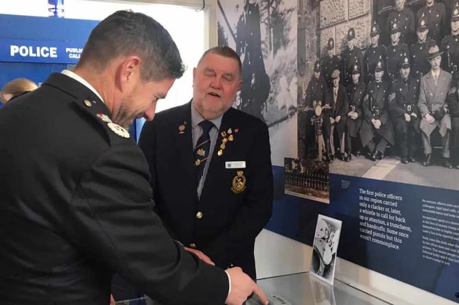 Museum volunteer Derek Crowley with Devon and Cornwall Police acting chief constable Jim Colwell at the mini museum opening in Tavistock