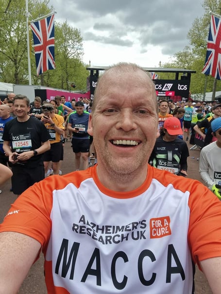 Paul McKenzie delighted at finishing the London Marathon in memory of his parents and in aid of Alzheimer's Research.