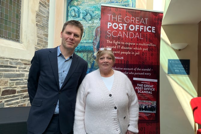 Journalist Nick Wallis with Cornwall sub-postmistress Penny Williams at the event in Launceston
