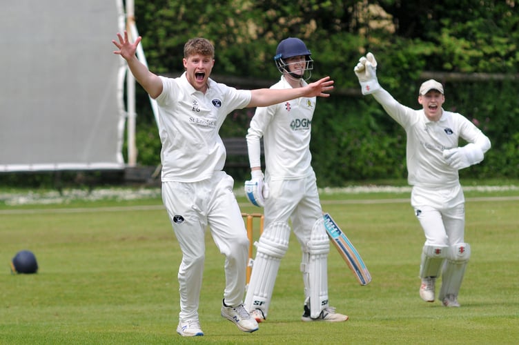 Devon Cricket League A Division.   Abbotskerswell versus Bridestowe. Bridestowe bowler  Ethan Guest and 'keeper Patrick Ewen are vocal in their appeal for lbw - but Abbotskerwell batsman James Tyler is safe for now