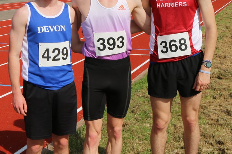 Tavi 5K race winners Reuben Sebag-Montefiore (third), Josh Benford (first) and Jack Dee (second).