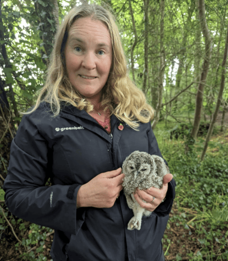 Sooh Boocock, of Greenbelt, with the injured baby owl rescued in Tavistock.
