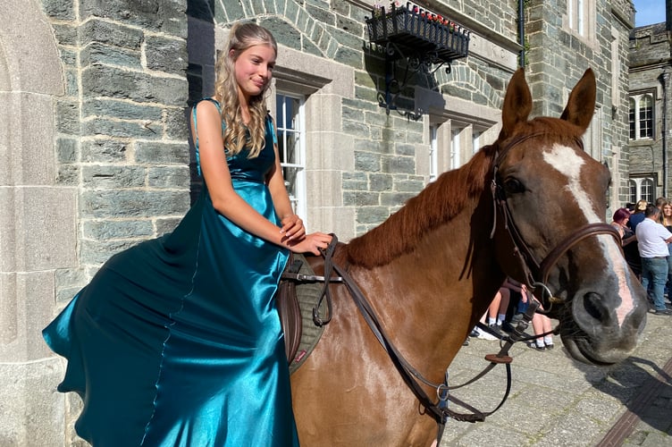 Student Kimberley Brown and horse Bailey waiting for the departure from Tavistock's Bedford Square to Tavistock College proms.