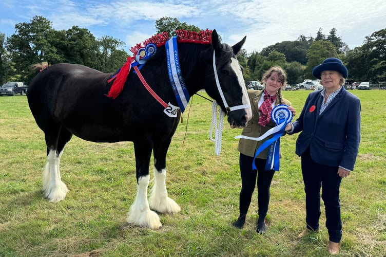 Kerry Roberts from Lewdown took the Champion Heavy Horse award with Hiraethog Holly and Reserve Supreme Horse award, pictured with the judge Mrs Ann Bassett.  AQ 0807
