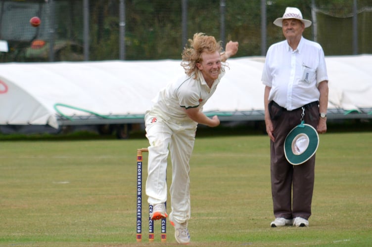 Hatherleigh's Jamie Presswell lets fly in his side's game at Thorverton, who crushed them by 162 runs