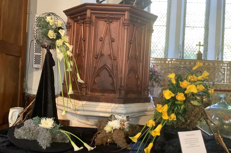Gulworthy Church Flower Festival, sun, moon and stars, by Vivienne Thompson..
