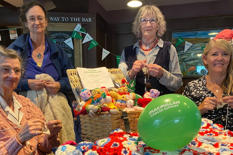The knitters at the Macmillan coffee morning charity knit at the Queen's Head Wetherspoons pub in West Street today