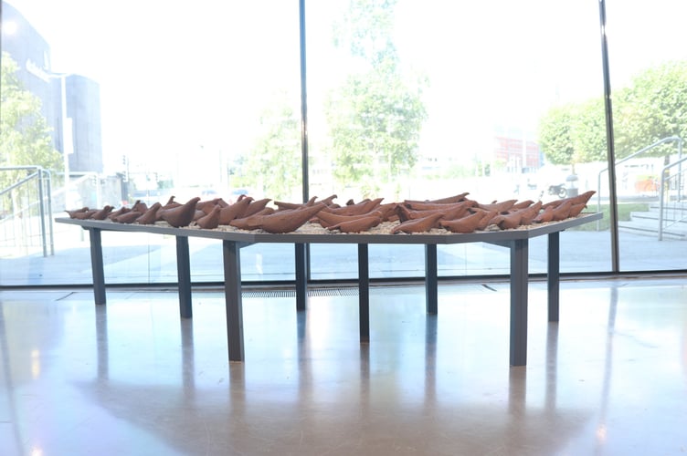 Kate Anstead's MA sculpture Red List featuring at-risk birds.