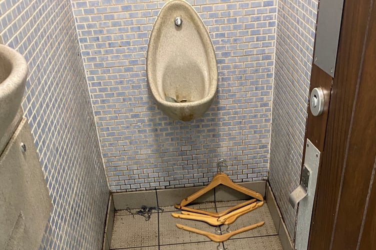 Evidence of shoplifted clothing in Bedford Square toilets, Tavistock, on Monday.