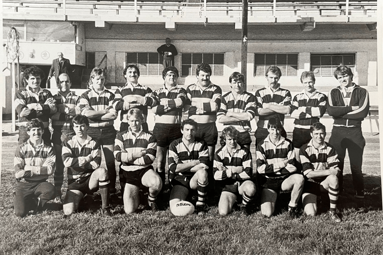 Robert Barkwell is fifth from the left in the back row as Okey RFC pose for a picture in the late 1980s at the old County Ground in Exeter