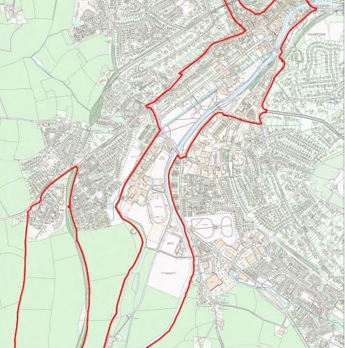 The map showing areas of Tavistock which Megan Wheatcroft must not enter, under the terms of her three-year Criminal Behaviour Order