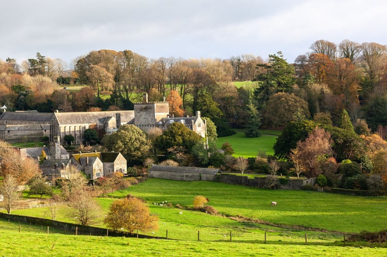 View of the Abbey on Autumn evening at Buckland Abbey, Devon