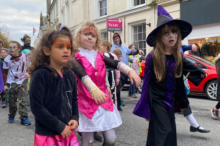 Young zombies and witches shock visitors and shoppers in Tavistock. 