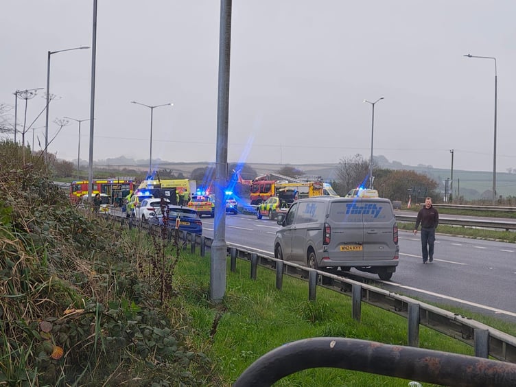Emergency services on the scene at the crash, including the air ambulance