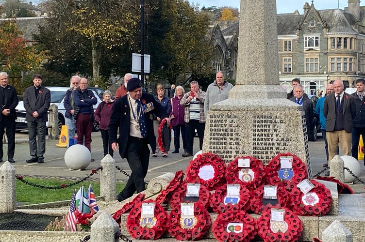 Tavistock Armistice Day service. A wreath is laid at the town's war memorial by Chris Smerdon, Tavistock Royal British Legion chairman.