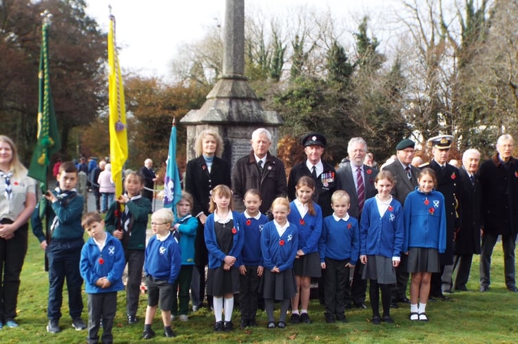 Crapstone Remembrance Sunday war memorial service with Scots, Buckland school, Rotary Club, fire service and Harrowbeer Airfield Interest Group, led by Bob Barnes.