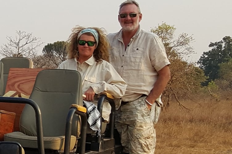 Nicky Morgan and husband in Africa on safari. Nicky is raising funds for African wildlife conservation. 