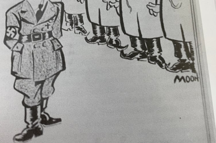 An S.D. Moon cartoon mocking Hitler for not shooting down the evasive British flying boats flown by Roly Alderson and his colleagues