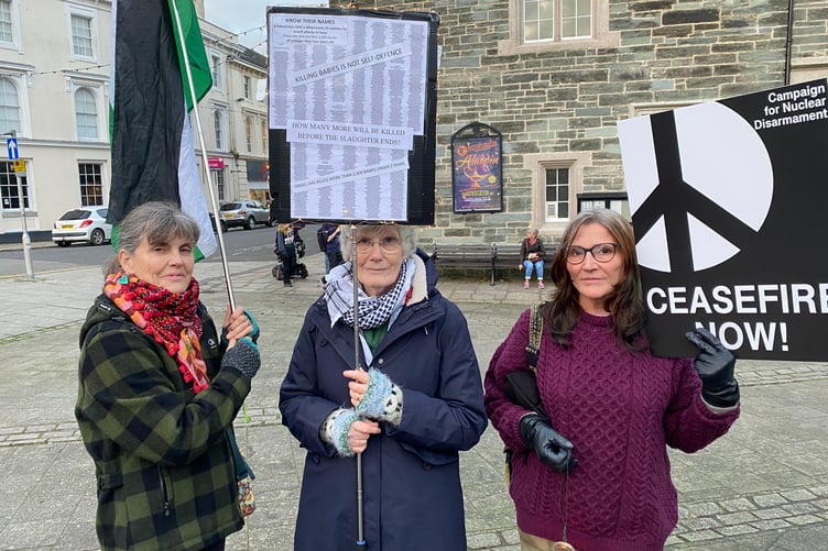 Peace campaigner Val Sharpe, left, with Jo Ryder and Kate Bank are in for the long-term pece campaign with Tavistock Peace Action Group.