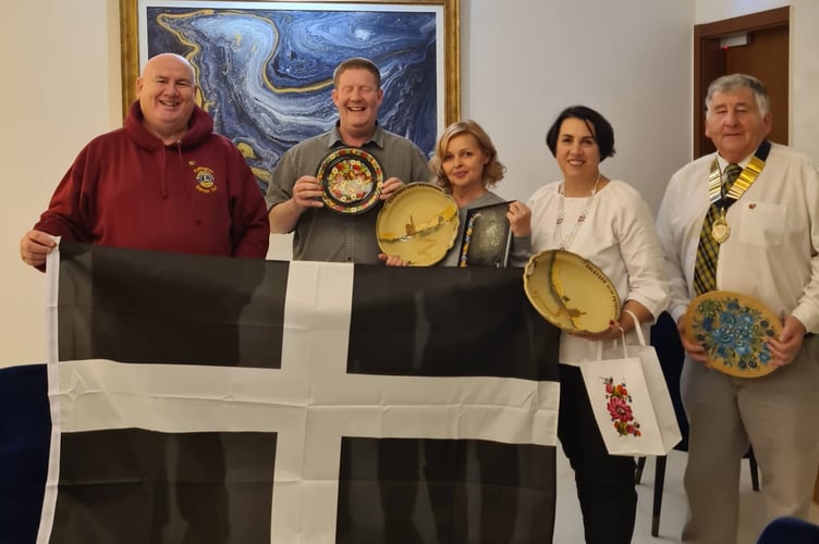 Darren Tait of Cornwall and Devon Sending Love to Ukraine, Andrew Morton of the Tamar Valley Twinning Group and chairman of Calstock Parish Council Jim Wakem meeting with Lydia and Tatiana from Petrykivka, which has now formally twinned with Calstock Parish