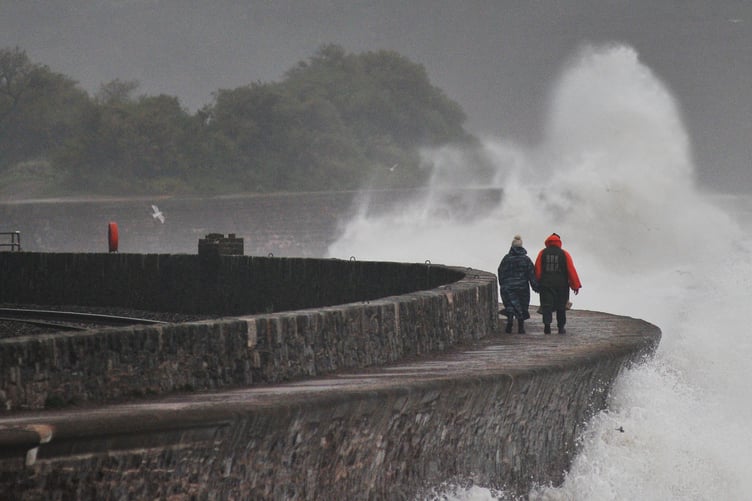 Storm Bert. Waves batter the sea wall walk at Teignmouth