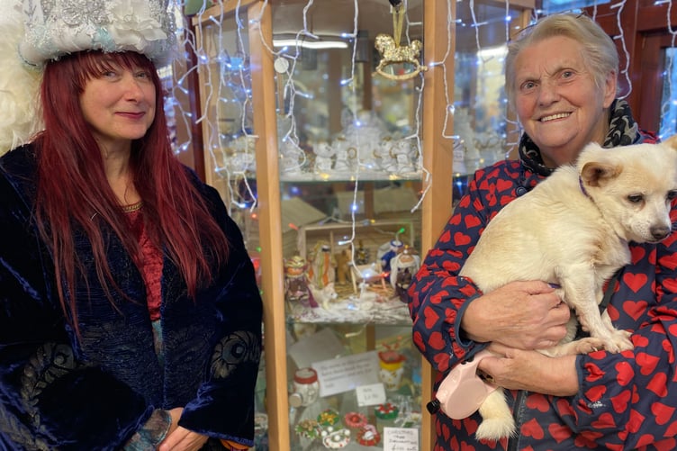 Tavistock Scrap Store - artist Christine Smith and Penny Blackmore with Lily the dog at Christmas