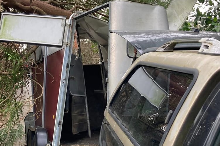 The damaged horse box roof after getting stuck under a fallen tree.