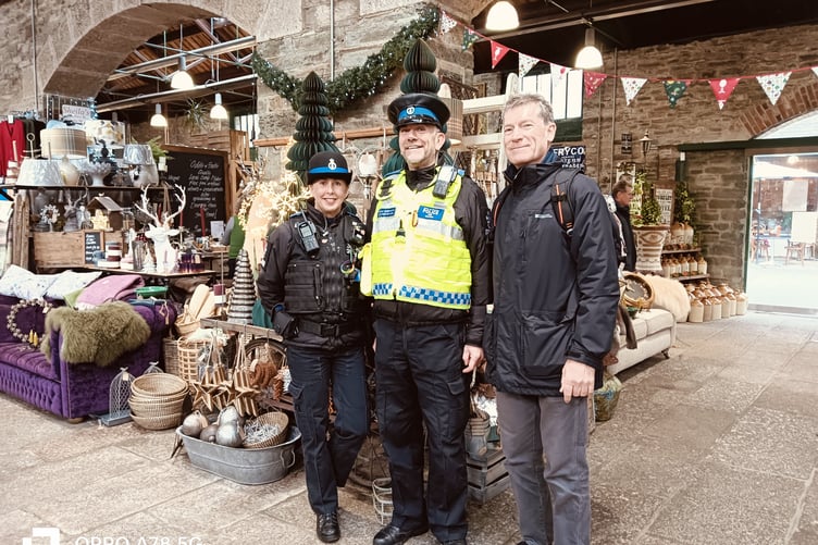 Tavistock community policing team PCSOs Debbie Hollinson and Kev Williams wityh Times reporter Guy Boswell on patrol in Tavistock Pannier Market.