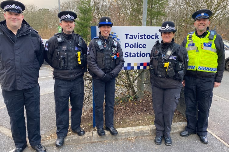 Tavistock community police team Sgt Tom Ottley, James Luke, Debbie Hollinson, Jenny Mashford and Kevin Williams.