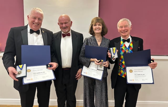 Pictured left to right are Okehampton rotarians Rob Harman, president Chris Bourne, Maddy Carragher and,Rob Flexman. Rob, Maddy and Rob were all presented with the Paul Harris Fellowship. Picture: 
Okehampton Rotary Club