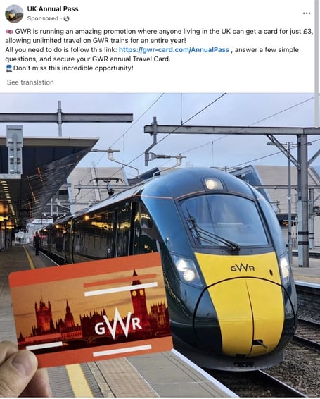 The fake sponsored post by UK Annual Pass offers a full year's rail travel on GWR for just £3! 