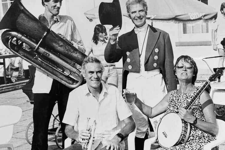 Summerlands Fete at Dawlish from August 1987. Ringmaster Robert Townsend from SIlverlands Circus with Alice's Wonderland Band