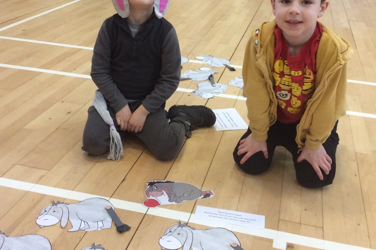 Creating Eeyore characters in tribute to their favourite story bear on Winnie the Pooh Day at Horrabridge School