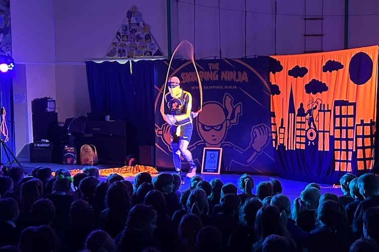 Guinness World Record Champion skipper Pete Thompson brought his Skipping Ninja persona to Whitchurch School to inspire children.