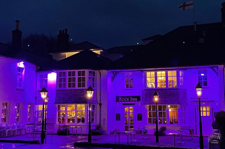 The Rock Inn at Yelverton, floodlit in purple, joining in the Lighting the Darkness national moment to remember all persecuted and murdered during the Holocaust on Holocaust Memorial Day. (Picture: Sue Callow)