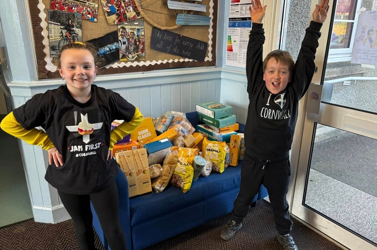The two "Cornish Piskies" helped carry in the supplies as the school were celebrating Cornish Week including dressing up in Cornish-themed clothing. (Picture: Callington Lions)