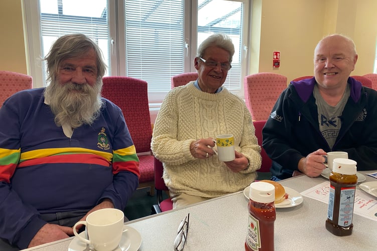 Military veterans Yorkie Malone, John Wall and Tony Wakeham enjoying some 'banter' at the new veterans hub or Breakfast and Banter Club at TASS