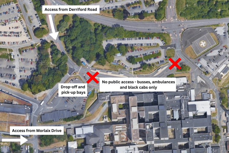 This map shows the new access arrangements as public vehicle access is restricted to the front of Derriford Hospital.
