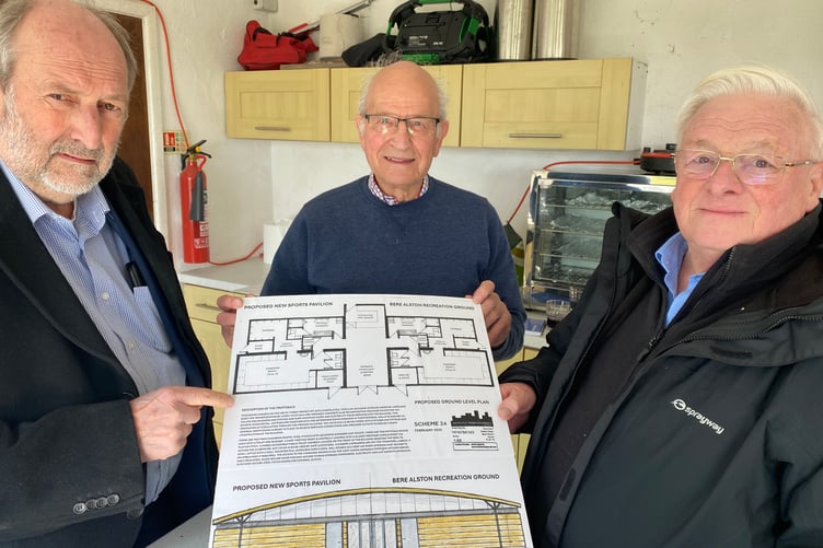 Bere Alston sports pavilion draft design with designer Steve Rickards, Bere Ferrers Parish councillor Peter Crozier and Devon county councillor Philip Sanders.